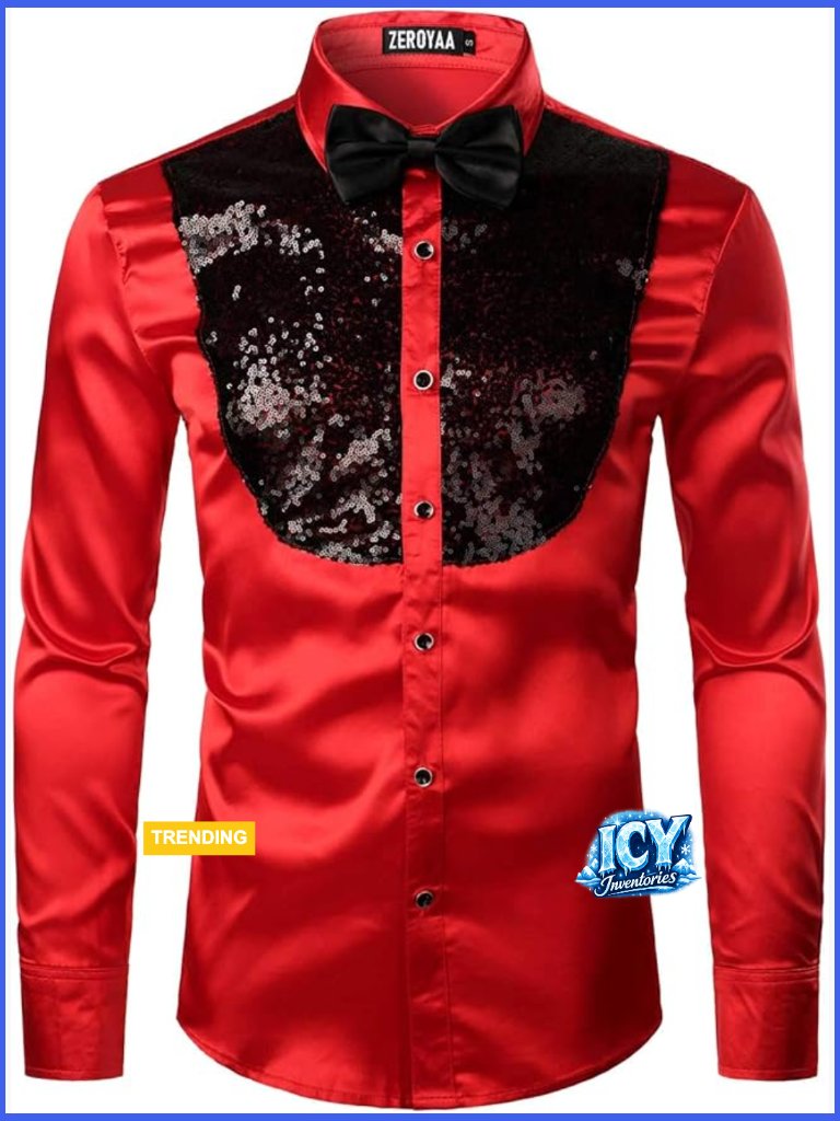 Men's Shiny Sequins Design Silk Like Satin Button Up Dress Shirt